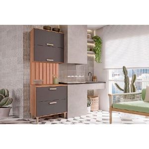 Cozinha Completa 3 Peças Bella 1 Aéreo 1 Balcão 1 Painel Ripado 80cm Freijó Titanium