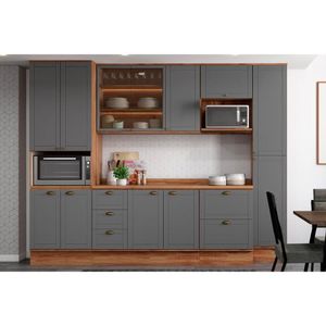 Cozinha Completa 6 Peças Bella 2 Aéreos 2 Balcões 2 Paneleiros C6p55 Nogal Cinza