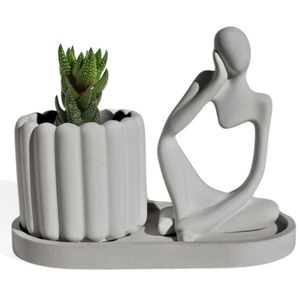 Conjunto Decorativo 3 Peças Estátua Pensadora Vaso Tulipa E Bandeja Cinza