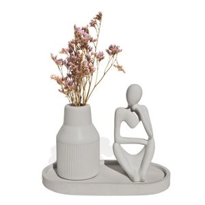 Kit 3 Peças Decoração Estátua Pensadora Garrafa Tubo Listrada E Bandeja Cinza