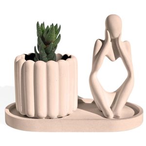 Conjunto Decorativo 3 Peças Estátua Pensadora Vaso Tulipa E Bandeja Palha