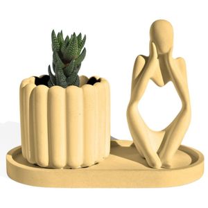 Conjunto Decorativo 3 Peças Estátua Pensadora Vaso Tulipa E Bandeja Amarelo