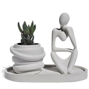 Conjunto Decorativo 3 Peças Estátua Pensadora Vaso Saturno Bandeja Cinza