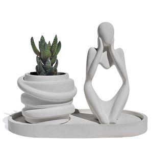 Conjunto Decorativo 3 Peças Estátua Pensadora Vaso Saturno Bandeja Cinza