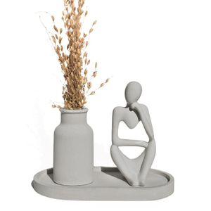 Conjunto Decorativo 3 Peças Estátua Pensadora Garrafa Lisa Bandeja Cinza