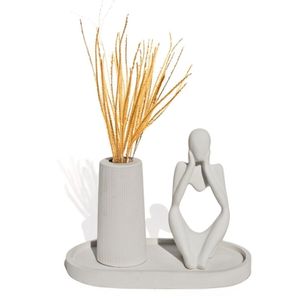 Kit 3 Peças Decoração Estátua Pensadora Garrafa Tubo E Bandeja Cinza
