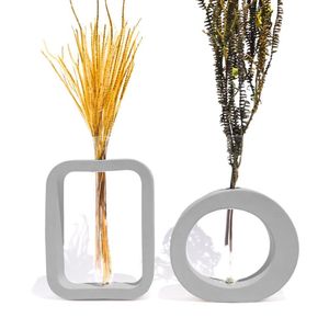 Vaso Decorativo Redondo E Retangular 2 Peças Conjunto Decoração Cinza
