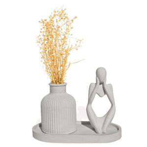 Kit 3 Peças Decoração Estátua Pensadora Garrafa Listrada E Bandeja Cinza