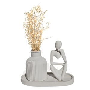 Kit 3 Peças Decoração Estátua Pensadora Garrafa Listrada E Bandeja Cinza