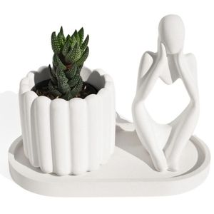 Conjunto Decorativo 3 Peças Estátua Pensadora Vaso Tulipa E Bandeja Branco