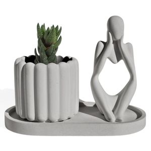 Conjunto Decorativo 3 Peças Estátua Pensadora Vaso Tulipa E Bandeja Cinza