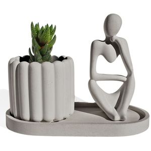 Conjunto Decorativo 3 Peças Estátua Pensadora Vaso Tulipa E Bandeja Cinza