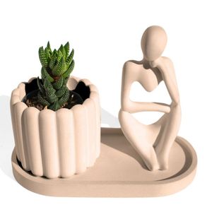 Conjunto Decorativo 3 Peças Estátua Pensadora Vaso Tulipa E Bandeja Palha