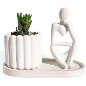 Conjunto Decorativo 3 Peças Estátua Pensadora Vaso Tulipa E Bandeja Branco