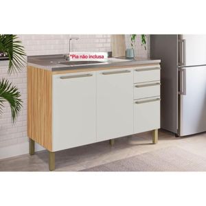 Módulo Cozinha Ronipa Nápoli Prime Balcão Para Pia 3 Portas E 2 Gavetas Sem Tampo 120cm Amendoa Off White Ronipa