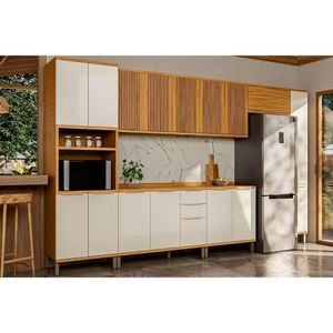 Kit Cozinha Modulada 7 Peças Sauvignon 3 Aéreos + 2 Balcões + 1 Paneleiro + 1 Torre Quente C7p91 Amendoa Off White Ronipa