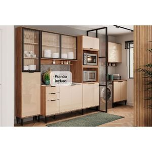 Kit Cozinha Modulada 6 Peças Alpha 2 Aéreos + 2 Balcões+ 1 Paneleiro + 1 Torre Quente C6p79 Freijó Off White