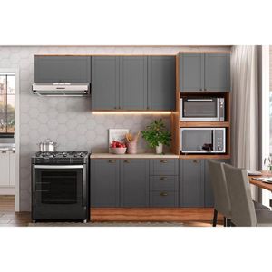 Kit Cozinha Modulada 4 Peças Bella 2 Armários + 1 Balcão + 1 Paneleiro C4p57 Nogal Cinza
