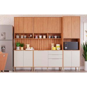 Kit Cozinha Modulada 7 Peças 2 Aéreos + 2 Balcões + 1 Paneleiro + 2 Complementos Cz011 Freijó Off White
