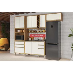 Kit Cozinha Modulada 5 Peças Tempranillo 2 Aéreos + 1 Balcão + 1 Torre Quente + 1 Complemento C5p79 Amendoa Off White Ronipa