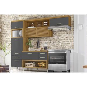 Kit Cozinha Modulada 3 Peças Princesa 1 Aéreo + Balcão + 1 Paneleiro C6p60 Freijó Grafite