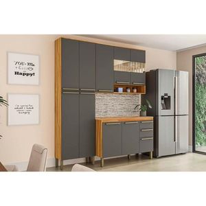 Kit Cozinha Modulada 3 Peças Nápoli Prime 1 Aéreo + Balcão + 1 Paneleiro C3p02 Amendoa Grafite Ronipa