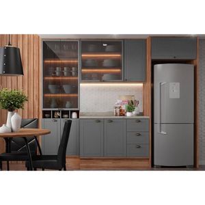 Cozinha Modulada Completa Bella 6 Peças 2 Aéreos + 1 Balcão+ Cristaleira + 2 Complementos C6p51 Nogal Cinza
