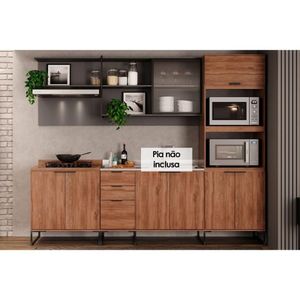 Cozinha Modulada Completa Alpha 8 Peças 1 Aéreo + 2 Balcões + 1 Torre Quente+4complementos C8p79 Freijó Cinza
