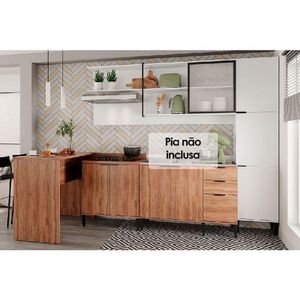 Cozinha Modulada Completa Alpha 5 Peças 1 Aéreo + 2 Balcões + 1 Paneleiro+1 Ilha C5p100 Freijó Branco