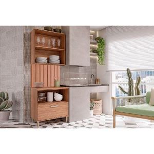 Cozinha Modulada Completa Bella 3 Peças Sem Portas 1 Aéreo + 1 Balcão + 1 Painel Ripado 80cm Freijó