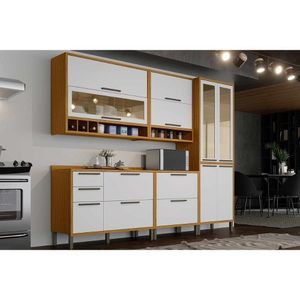 Cozinha Modulada Completa Syrah 5 Peças 2 Aéreos + 2 Balcões + 1 Paneleiro C5p07 Amendoa Off White Ronipa