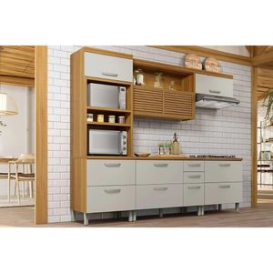 Cozinha Modulada Completa Princesa 4 Peças 1 Aéreo + 2 Balcões + 1 Paneleiro C6p64 Freijó Off White