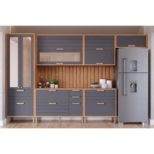 Cozinha Modulada Completa Eloise 8 Peças 3 Aéreos + 2 Balcões+ Cristaleira + 2 Complementos C8p179 Freijó Titanium