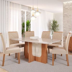 Sala De Jantar Louise 1,60cm Com 6 Cadeiras Fernanda Cinamomo- Offwhite- Madeira -nude