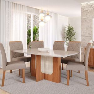 Sala De Jantar Louise 1,60cm Com 6 Cadeiras Fernanda Cinamomo- Off White- Madeira- Bege