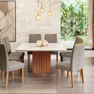 Sala De Jantar Ana 130x130cm Com 8 Cadeiras Clarice Cinamomo-offwhite-madeira-linho Grafite