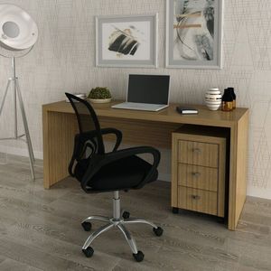 Conjunto 1 Mesa Para Escritório 1 Gaveteiro 3 Gavetas Amendoa