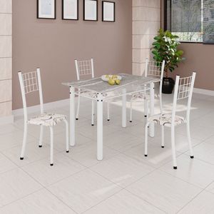 Conjunto De Mesa Tubular 100x60cm Tampo Em Topázio Com 4 Cadeiras Dany Arabesco- Branco