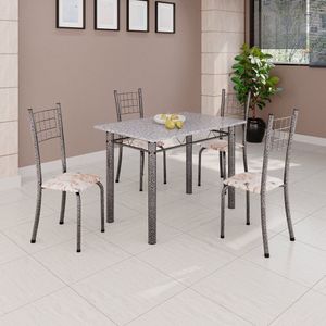 Conjunto De Mesa Tubular 100x60cm Tampo Com 4 Cadeiras Dany Bege - Prata