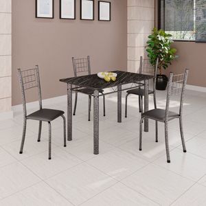 Conjunto De Mesa Tubular 100cm X 60cm Com Tampo E 4 Cadeiras Dany Preto-prata