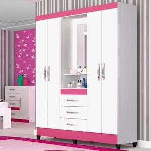 Guarda Roupa Casal 4 Portas E 3 Gavetas Com Espelho Branco-rosa
