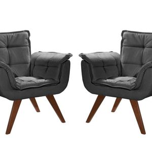 Conjunto Poltronas Pés Palito Decoração Sala Recepção Cinza Grafite