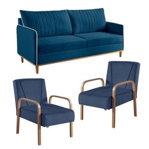Conjunto De Sala De Estar 1 Sofá Dois Lugares Persa E 2 Poltronas ágata Azul