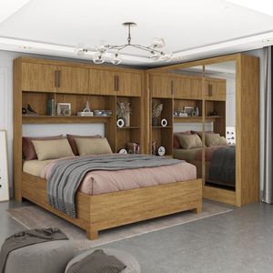 Guarda-roupa Casal Modulado 4 Portas Com Cama Santiago 3 Portas Premium 5 Gaveta Com Espelho Cinamomo