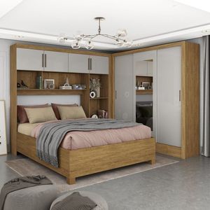Guarda-roupa Casal Modulado 4 Portas Com Cama Santiago 3 Portas Com Espelho 5 Gavetas Cinamomo-off White
