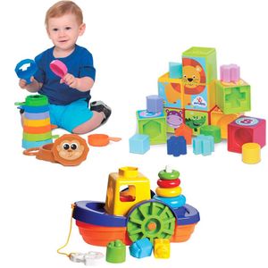 Kit De Brinquedos Didático Barco + Cubinhos 5 Em 1 + Empilha