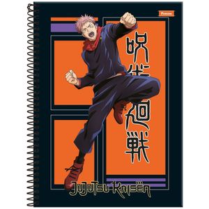 Caderno Universitário Jujutsu Kaisen Foroni Capa Dura Espiral - 10 Matérias 160 Folhas Fundo Laranja