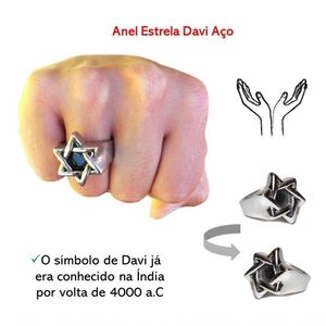 Anel Aço Estrela De Davi Salomão Prateado Aço Inoxidável Auto Relevo Tamanho Aro 21 6.1 Cm