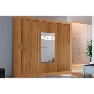 Guarda Roupa Solteiro 3 Portas De Correr (1 C- Espelho) E 4 Gavetas Veneza Premium Naturalle-ripado 3d - Rufato