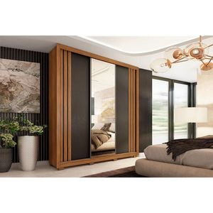 Guarda Roupa 3 Portas De Correr (1 C- Espelho) E 2 Gavetas C- Pés Moema Flex Amêndola-nude Ou Preto - Demóbile